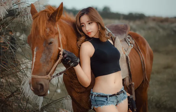 Girl, horse, shorts, Mike, Asian