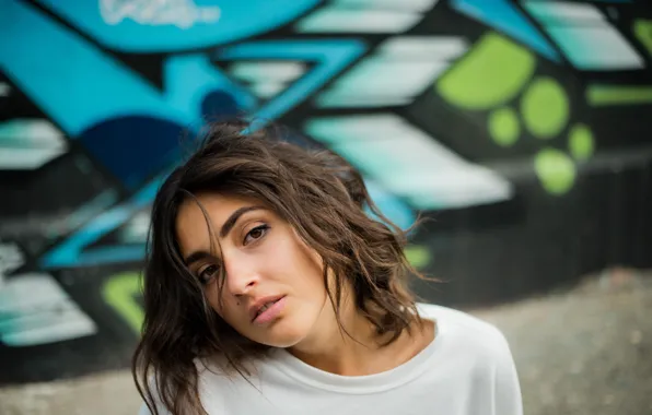 Girl, Brunette, Graffiti, Beauty, Eyes, Sight