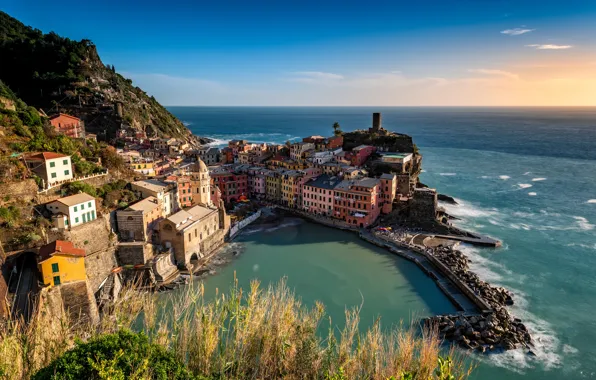 Sea, the sky, grass, light, the city, blue, stones, coast