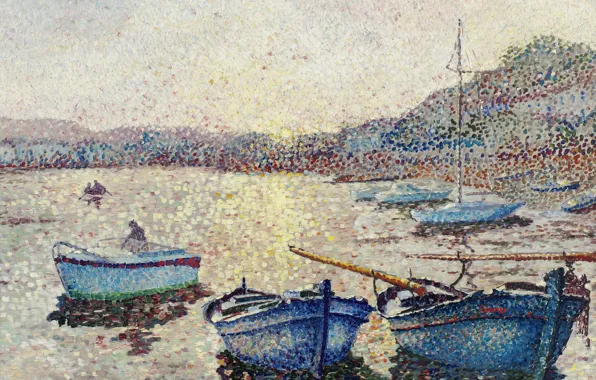 Sea, boats, pointillism, Yvonne Canu, Yvonne Kahn, The harbour. Sunset