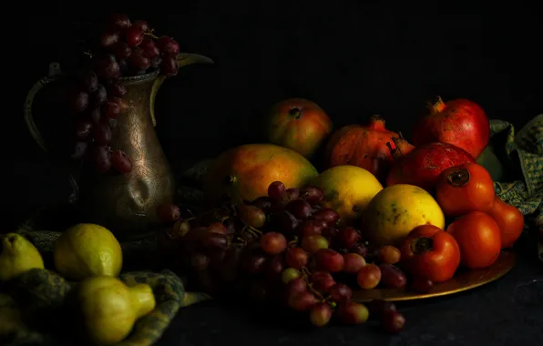 Grapes, fruit, black background, still life, different, lemons, grenades, persimmon