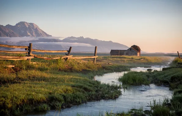 Picture grass, Nature, river, sky, field, landscape, mountains, clouds