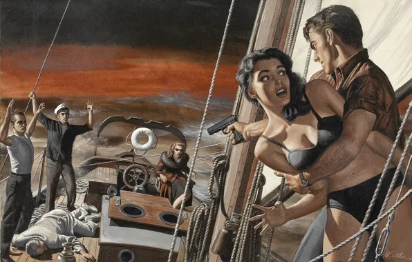 Figure, hollywood, illustration, painting, story illustration, illustration, April 1959, pulp covers