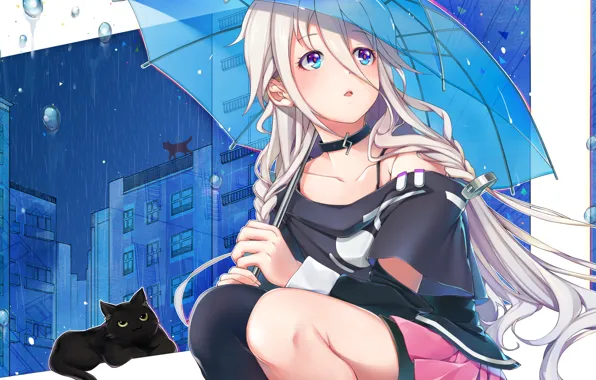 Girl, the city, rain, cats, home, umbrella, anime, art