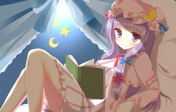 Girl, smile, bed, book, touhou, art, reading, patchouli knowledge