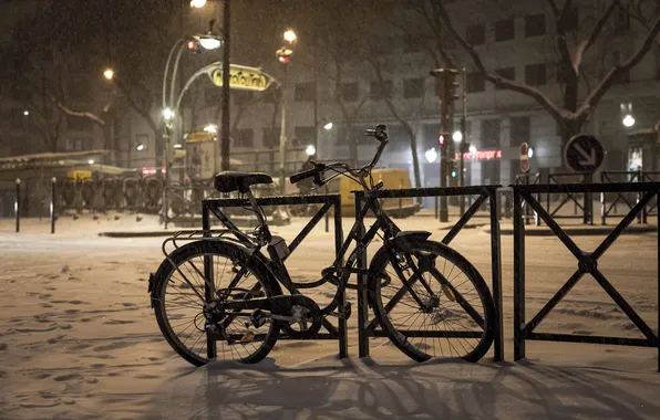 Picture winter, night, bike, street, France, Paris, the fence, lights