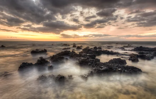 The sky, clouds, sunset, stones, the ocean, horizon, Hawaii, hawaii
