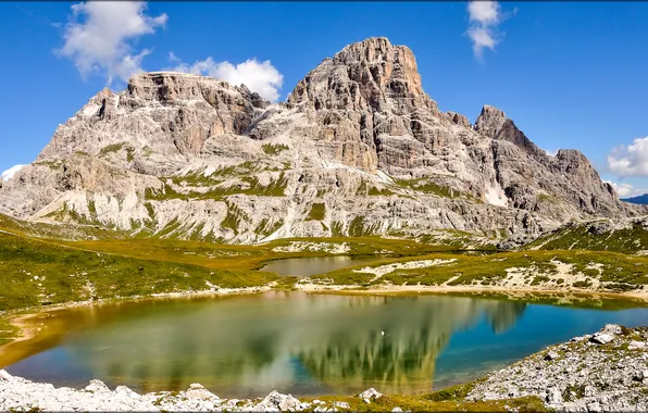 The sky, mountains, lake, Alps, Italy, The Dolomites