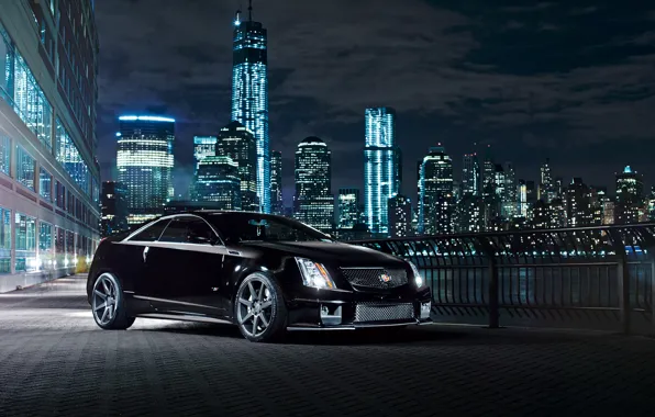 Night, the city, lights, black, Cadillac, black, CTS-V, Cadillac