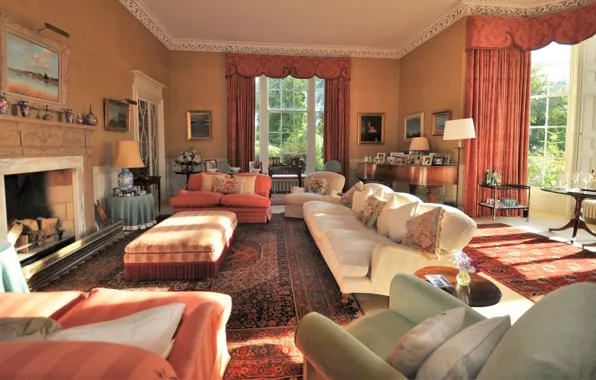 Design, style, interior, piano, fireplace, living room, warm colors, Carnell House