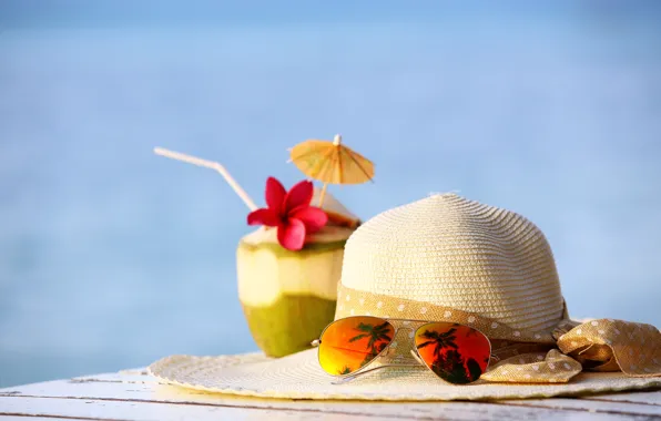 Beach, summer, stay, coconut, hat, glasses, cocktail, summer