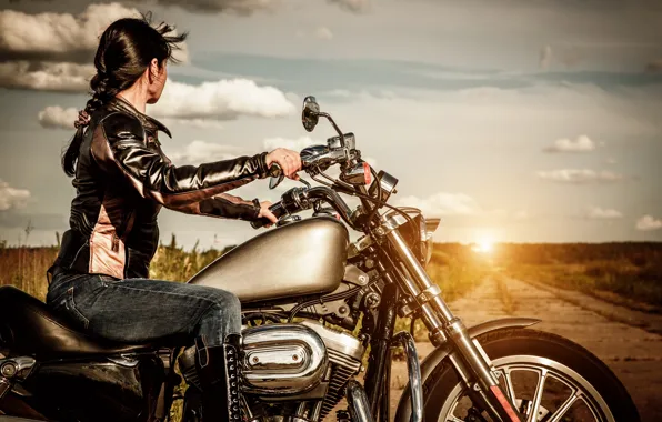 Road, girl, sunset, motorcycle