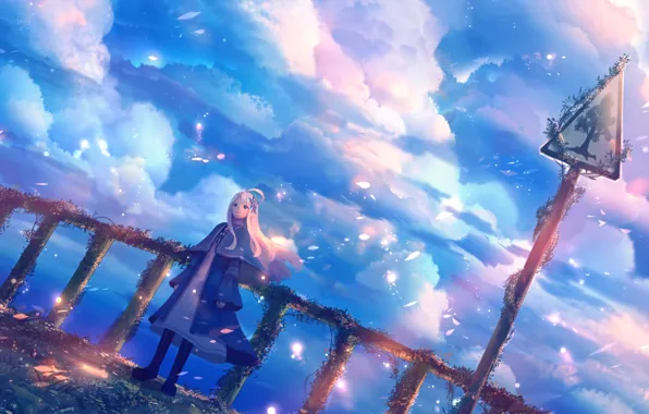 The sky, girl, clouds, sign, figure