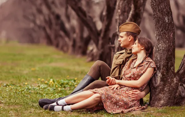 Girl, retro, meeting, soldiers, guy, pussy, lovers, tunic