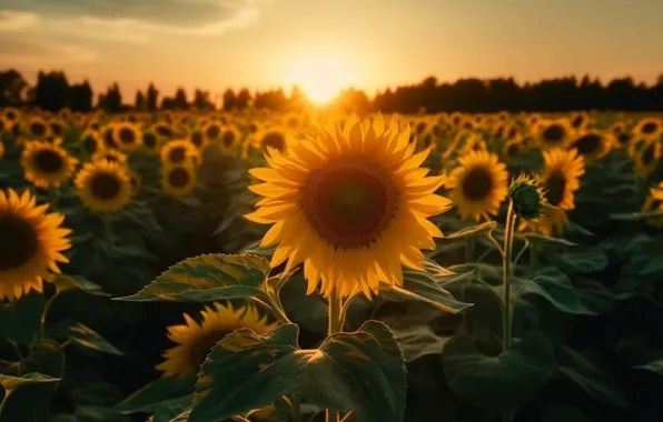 Field, forest, summer, the sky, the sun, light, sunflowers, sunset