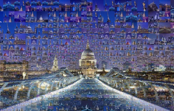 Bridge, collage, England, London, St. Paul's Cathedral