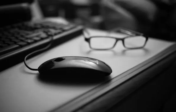Table, mouse, glasses, black, black and white, keyboard, computer