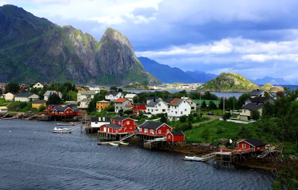 Picture sea, landscape, mountains, nature, home, village, Norway, The Lofoten Islands