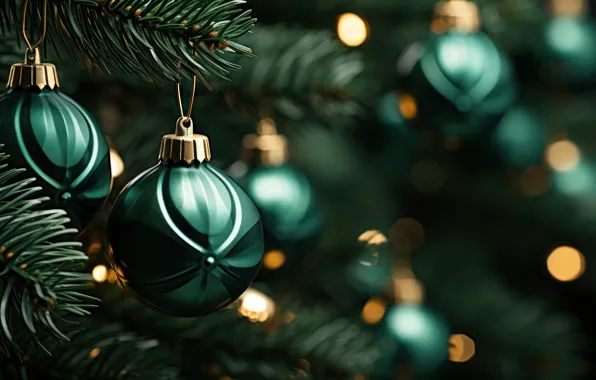 Balls, branches, lights, the dark background, balls, Shine, green, Christmas