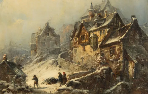 Picture German painter, German painter, Peter Joseph Minjon, Peter Joseph Minion, Urban scene in winter, City …
