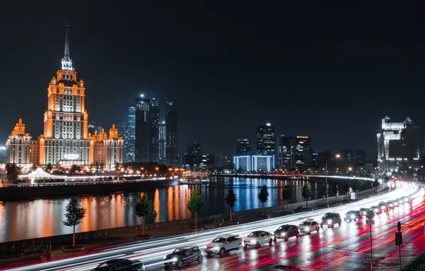 Road, auto, machine, river, building, Moscow, Russia, night city