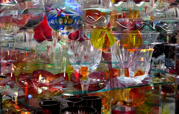 Picture glass, abstraction, rendering, glass, crystal, dishes, vase