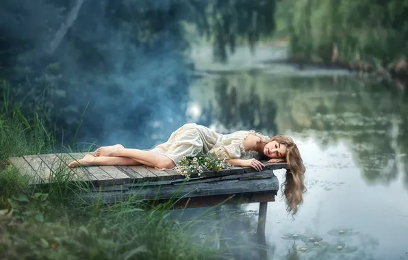 Girl, flowers, pose, river, mood, hair, chamomile, dress