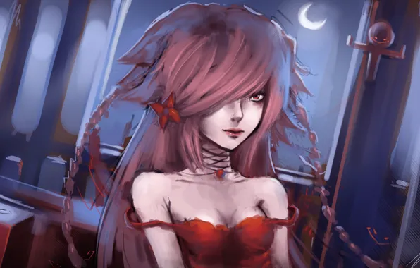 Look, girl, night, face, the moon, hair, anime, red dress