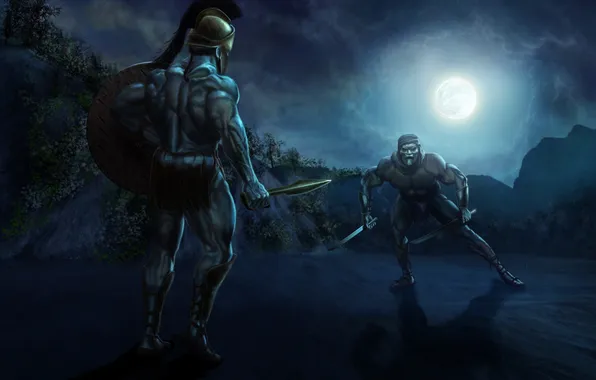 Night, sword, warrior, mask, art, male, shield, the fight