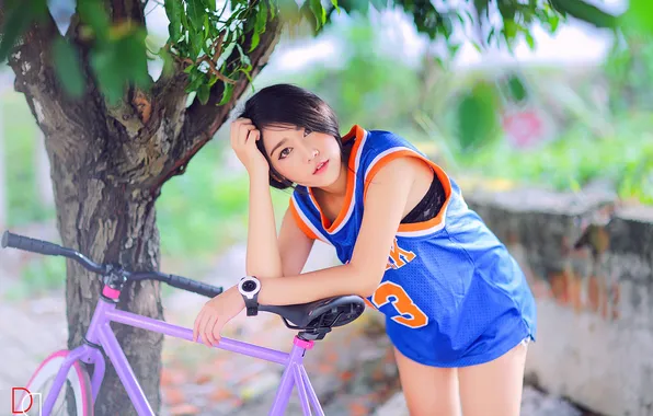 Girl, bike, Asian