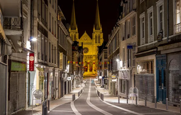 Night, lights, street, home, Church, Cathedral