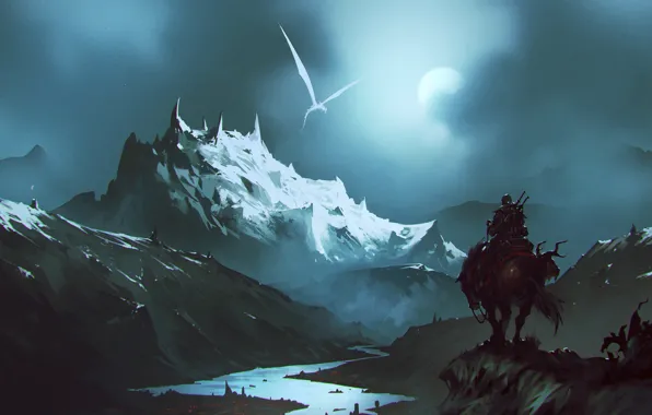 Mountains, Night, Dragon, White, River, The moon, Monster, Warrior