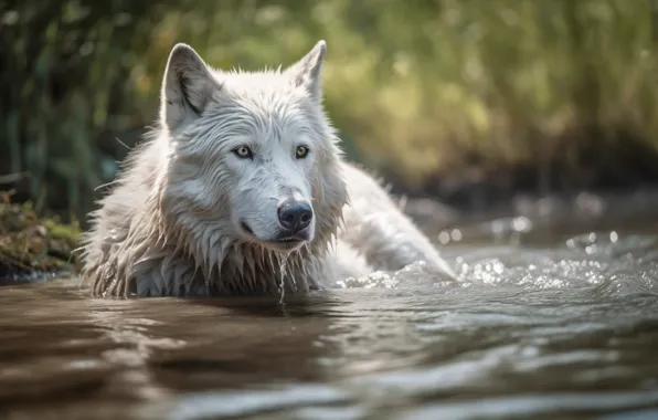 White, face, wolf, bathing, pond, Arctic, digital art, AI art