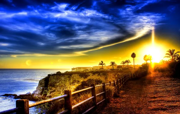 ROAD, SEA, The OCEAN, The SKY, CLOUDS, SUNSET, LIGHT, COAST