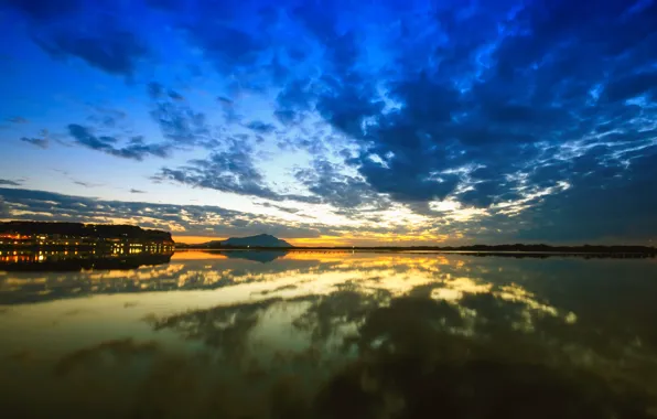 Picture the sky, water, the sun, clouds, landscape, nature, lake, reflection