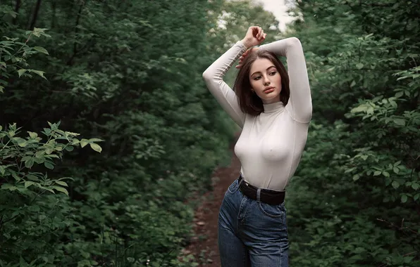 Greens, pose, jeans, the bushes, cute girl, Alina, Sergey Shishlov, white turtleneck