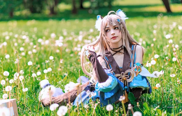 Grass, flowers, glade, costume, outfit, image, ears, lawn