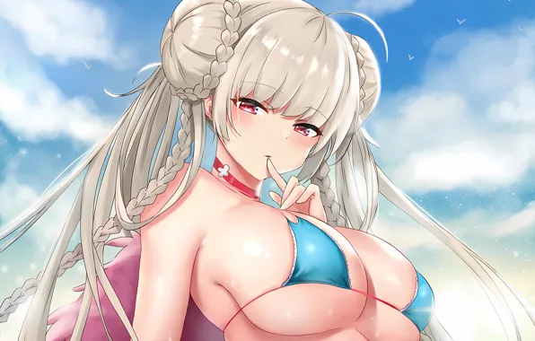 Girl, sexy, wet, cleavage, sky, long hair, boobs, anime