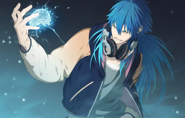 Anime, headphones, brain, guy, blue hair, DRAMAtical Murder