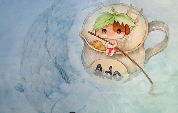 Water, sheet, river, figure, anime, baby, art, mug