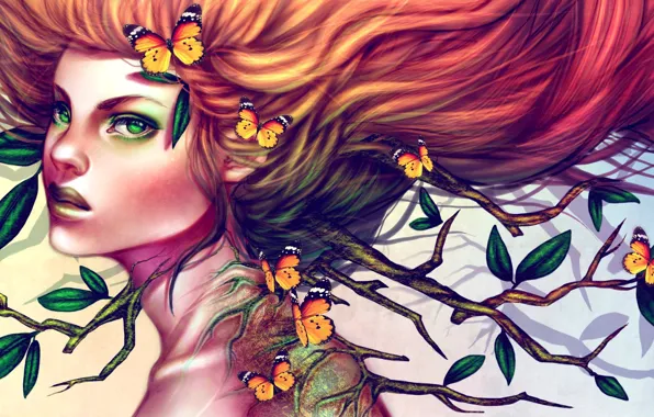 Picture look, leaves, girl, butterfly, branches, hair, art, red
