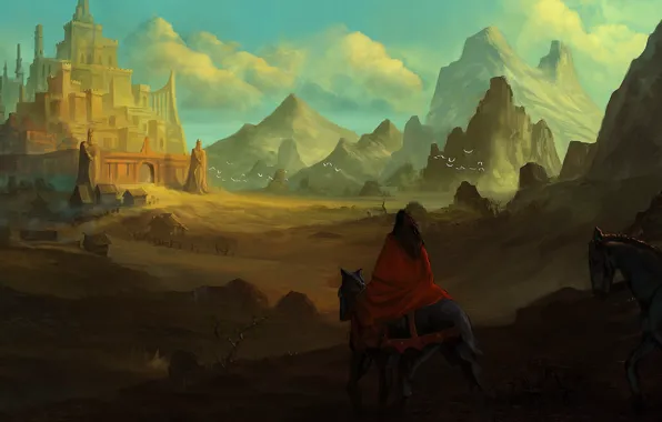 Landscape, the city, horse, art, rider, cloak, traveler, vennom07