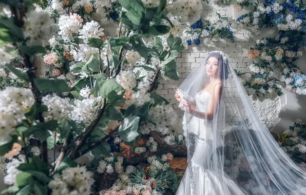 Flowers, style, model, Asian, the bride, veil, wedding dress