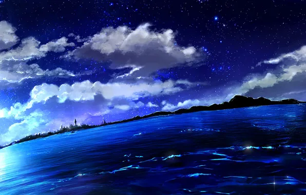 Clouds, landscape, night, lights, river, the moon, shore, art