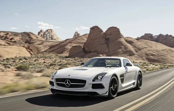 Picture Mercedes-Benz, Rocks, White, The hood, AMG, SLS, Suite, The front