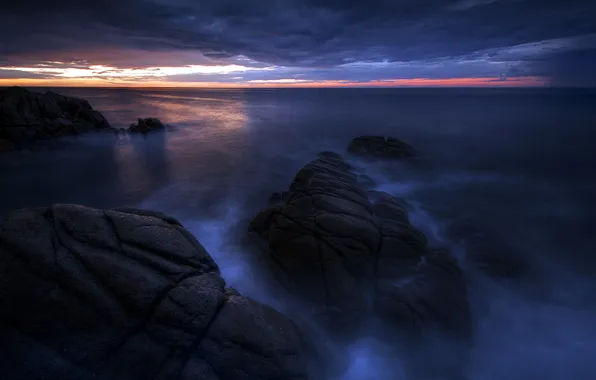 Sea, landscape, night, rocks