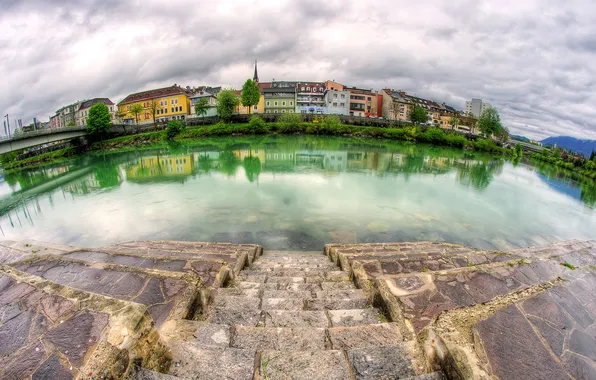 Picture the sky, clouds, river, home, channel