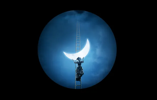 Picture clouds, fantasy, black background, lady, the moon, stairway to heaven, the girl keeps a month, …