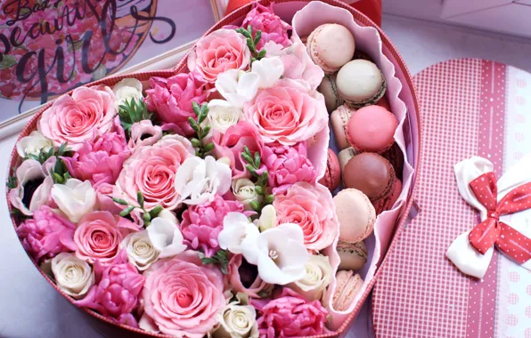 Flowers, box, gift, heart, roses, Valentine's day, freesia, macaroon