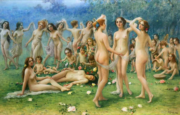 Picture Spring, Girls, Picture, Italian artist, Fausto Zonaro, Fausto Zonaro, Allegory of spring, Nude